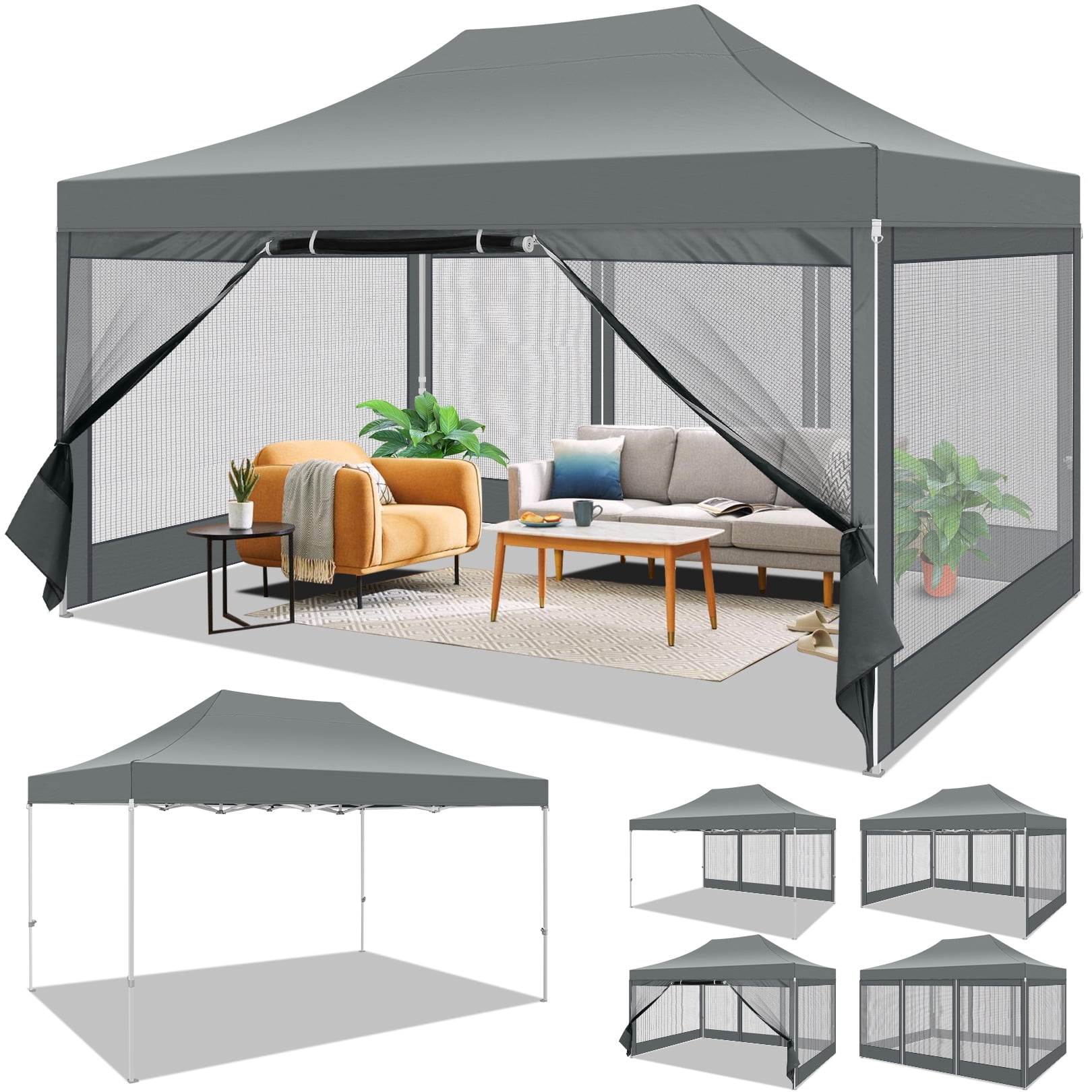 COBIZI 10x15 Heavy Duty Pop up Canopy, Instant Setup Outdoor Canopy with Mesh Sidewalls, for Patio, Party, Backyard, Camping, Gray