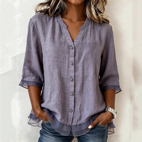 Shihyeh Womens Linen Button Down Shirts 3/4 Sleeve V Neck Summer Tops Solid Teacher Tunic Tops Casual Dressy