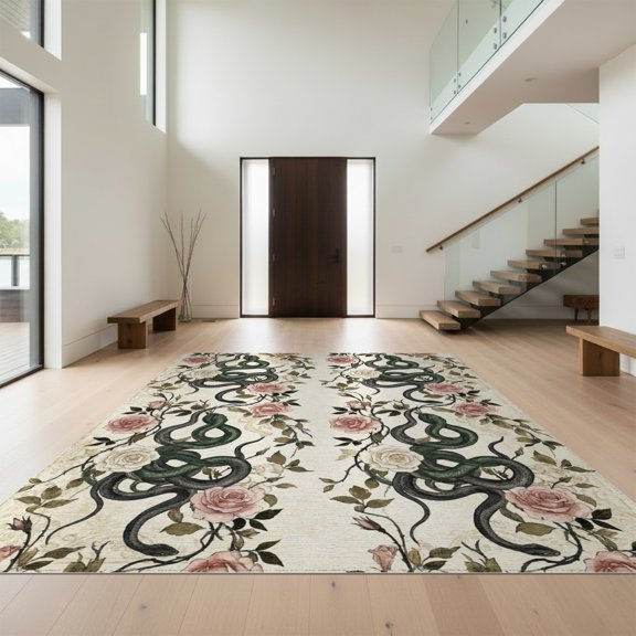 Design&I 8'x10' Washable Area Rug Snake Gothic Serpent Botanical Vintage Watercolor Distressed for Dining Room, Large Office, Lounge, Snag-Free