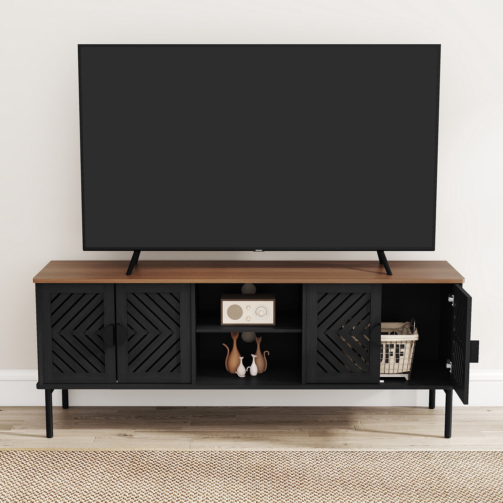 HLR Mid Century Modern 63" TV Stand for 75 inch TV with Storage, Entertainment Center for Living Room, Black