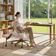 Pinmoco Cross Legged Office Chair, Pink Teddy Fabric Cute Ergonomic Swivel Vanity Chair, Heavy Duty Wide Seat for Bedroom & Home Office, Armless