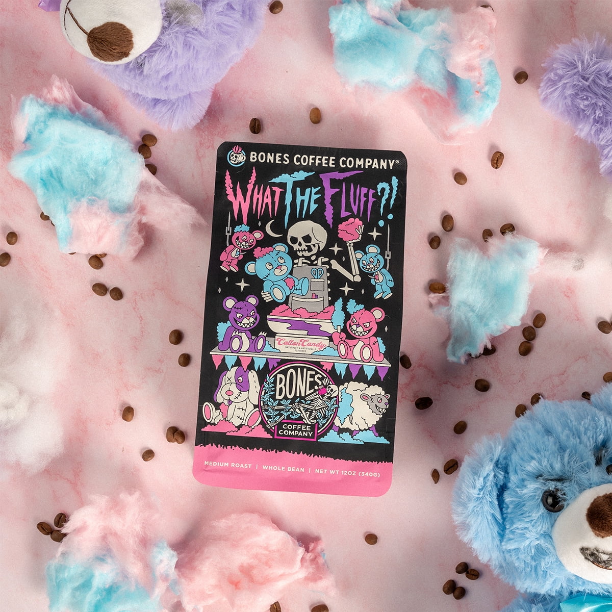 Bones Coffee Company What the Fluff?! - Cotton Candy Flavored Coffee - 12 oz Ground