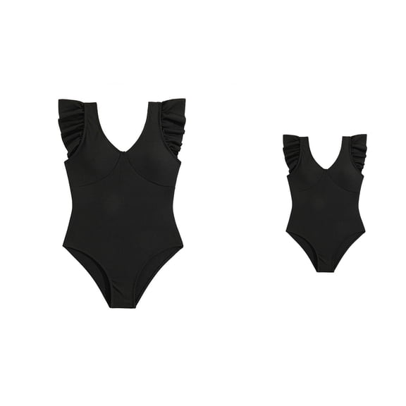 Ruffled Deep V Tummy Tuck One Piece Swimsuit for Girls and – Black Cute Bathing Suit for Pool Party, Beach, Birthday Outfit
