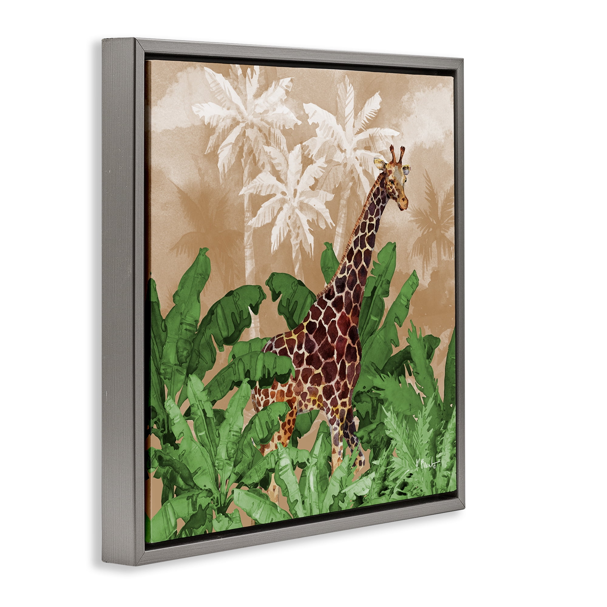 Stupell Industries Jungle Life Giraffe Animals & Insects Painting Gray Floater Framed Canvas Art Print Wall Art, 18 x 18