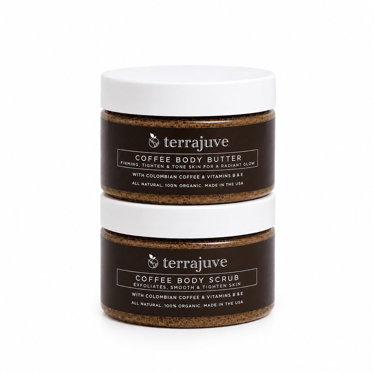 Terrajuve Coffee Scrub (4 Oz) & Body Cream (4 Oz) Set Exfoliate, Hydrate, & Revitalize Skin with Colombian Coffee, Shea Butter, Hempseed Oil All Natural & Organic Made in USA Perfect Skincare Gift