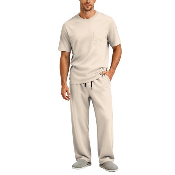 Voska Men's 2‑Piece Outfit Set Short Sleeve Pocket Crew Neck T‑Shirt Drawstring Elastic Waist Pants Breathable Casual Daily Loungewear Beige L