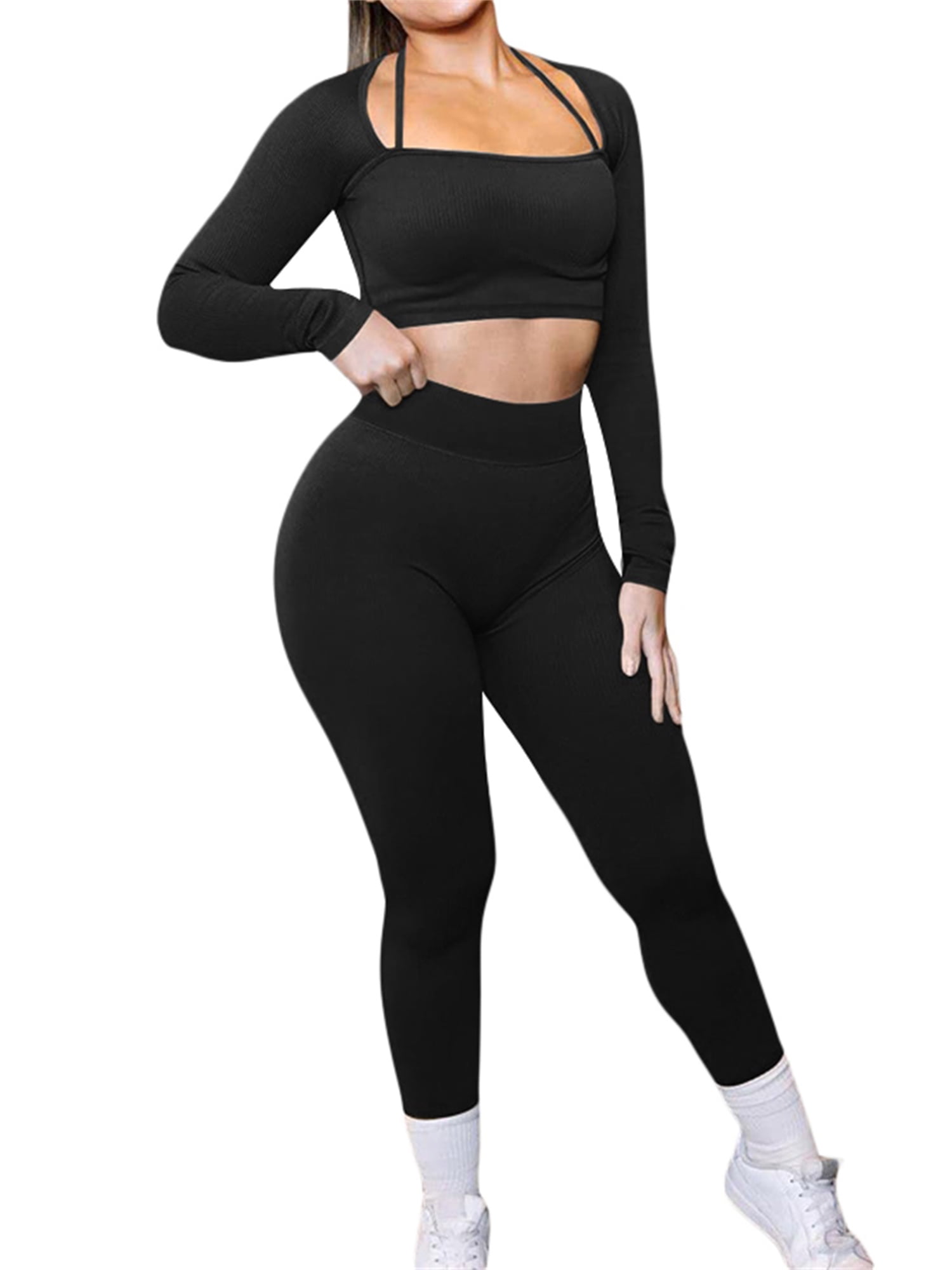 Buy GXIN Women's Workout 2 Piece Outfits Seamless Sexy Yoga Crop Tops Gym  High Waist Running Leggings Sets, Black, Large at