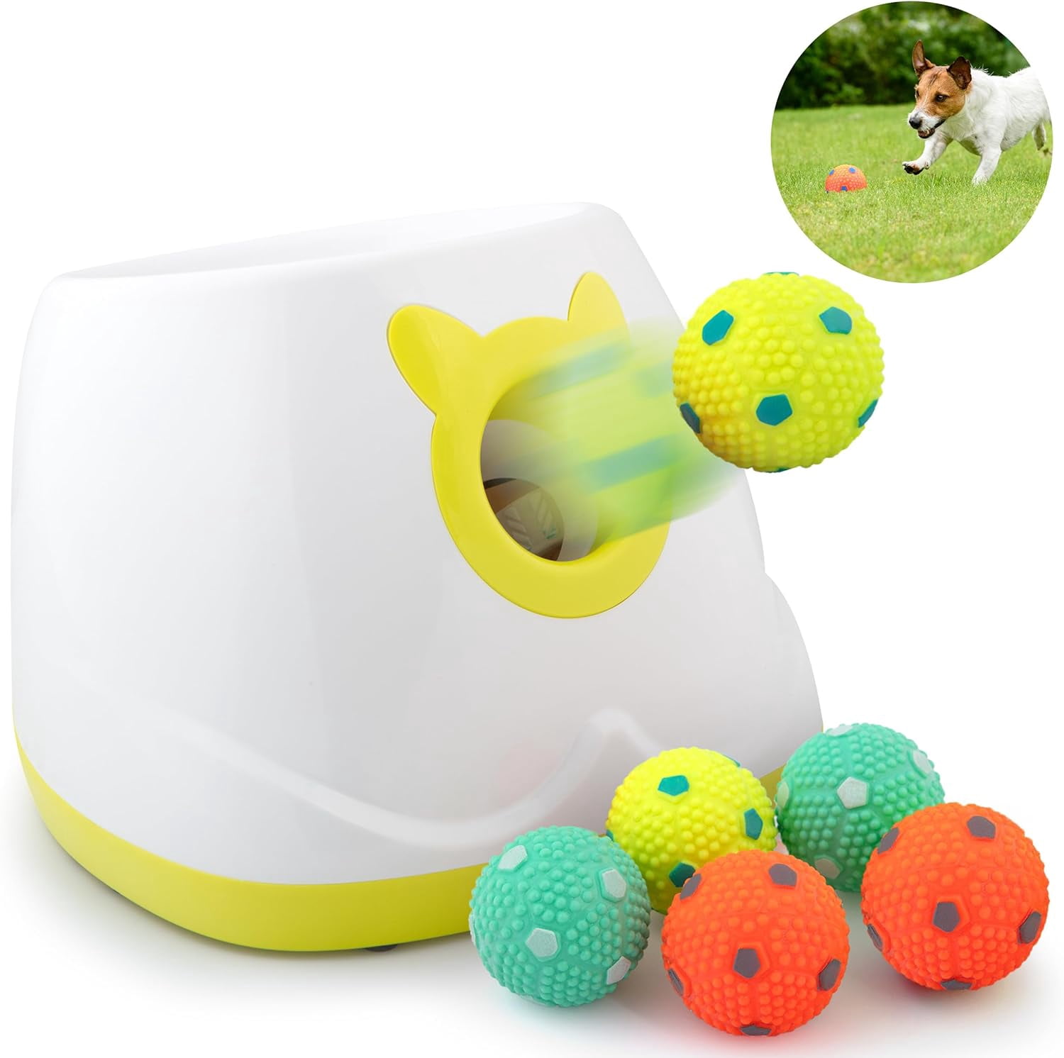 Automatic Dog Ball Launcher - Dog Ball Fetch Machine, Ball Thrower for Dogs, for Small to Medium Sized Dogs, Interactive Dog Toy with 6 Latex Balls, Plug-in & Battery Options - 4 Launch Distances