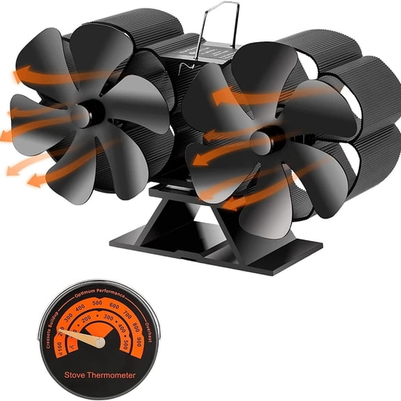 12-Blade Dual Head Heat Powered Wood Stove Fan Fireplace W/ Magnetic Thermometer