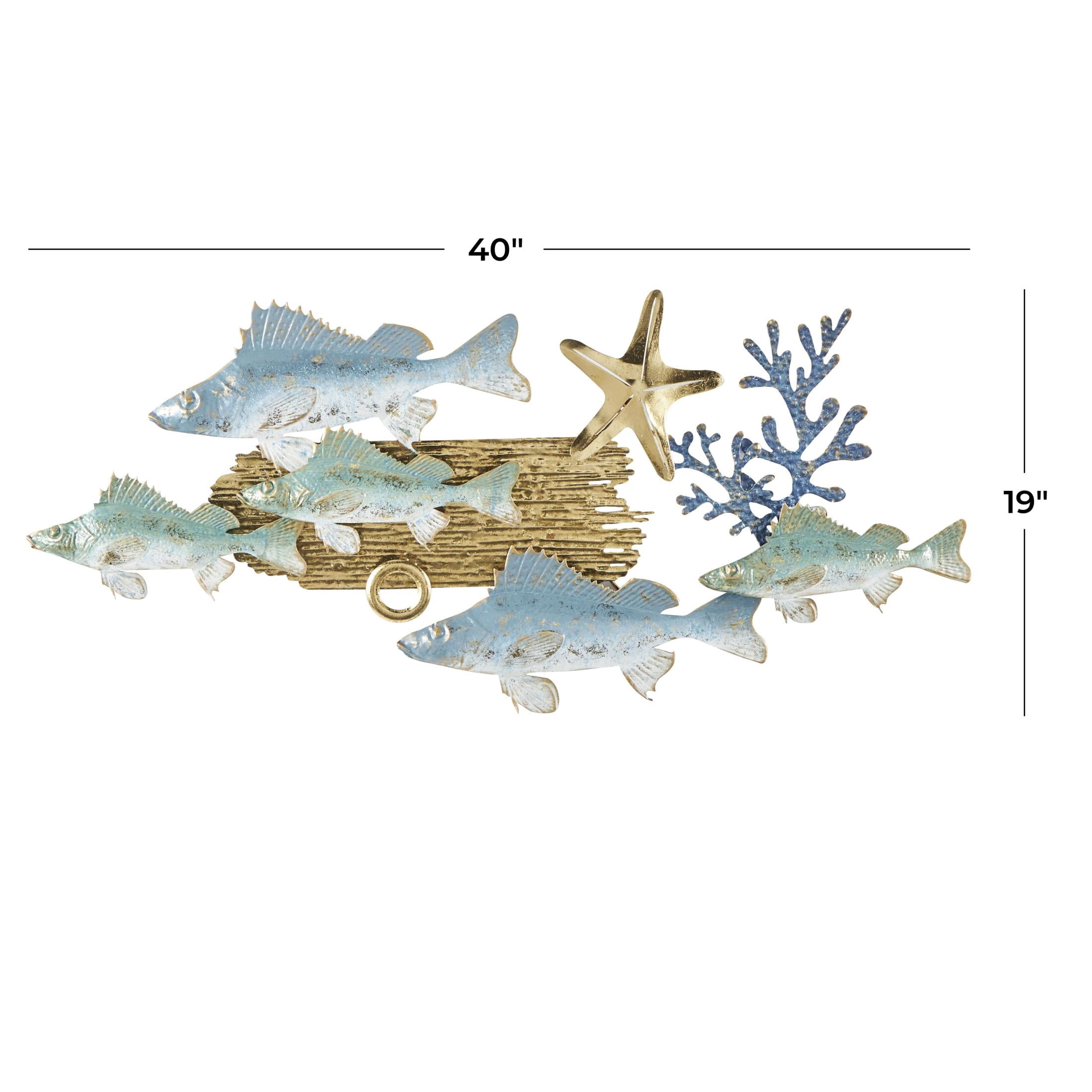 DecMode Blue Metal Fish Wall Decor with Gold Accents