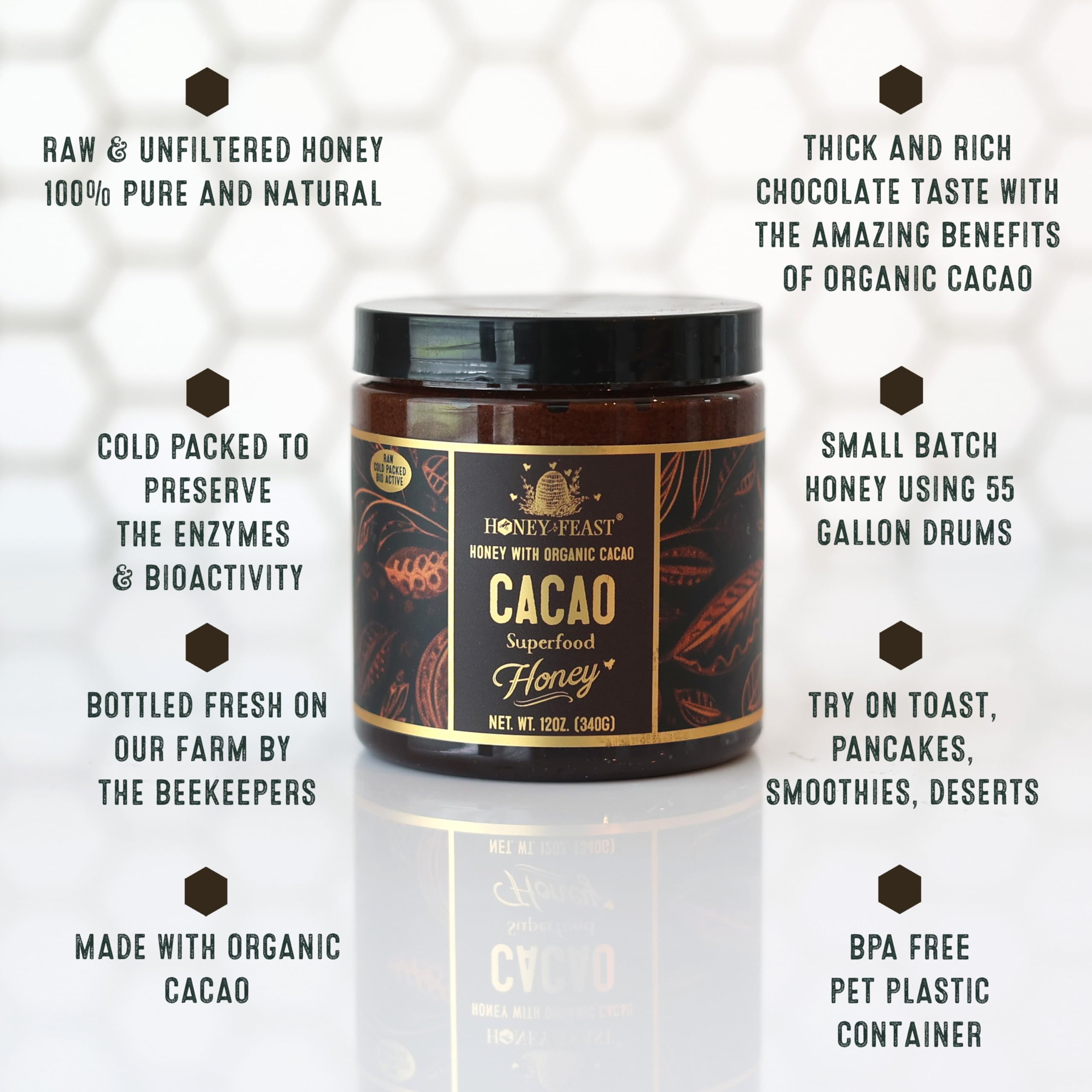 HONEY FEAST Raw Honey with Organic Cacao, 12oz (Pack of 6)