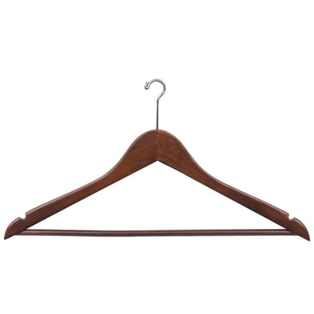 Wood Security Suit Hanger w/ Solid Wood Bar & Chrome Mini Hook, Box of 50 Space Saving 17 Inch Flat Wooden Hangers w/ Walnut Finish & Notches for Shirt Dress or Pants by International Hanger