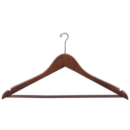 Wood Security Suit Hanger w/ Solid Wood Bar & Chrome Mini Hook, Box of 50 Space Saving 17 Inch Flat Wooden Hangers w/ Walnut Finish & Notches for Shirt Dress or Pants by International