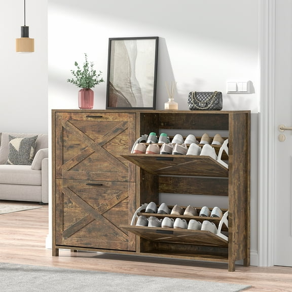 Eumyviv Shoe Storage Cabinet, Natural Rattan, 4 Flip Drawers, Large, Narrow, Vintage Brown