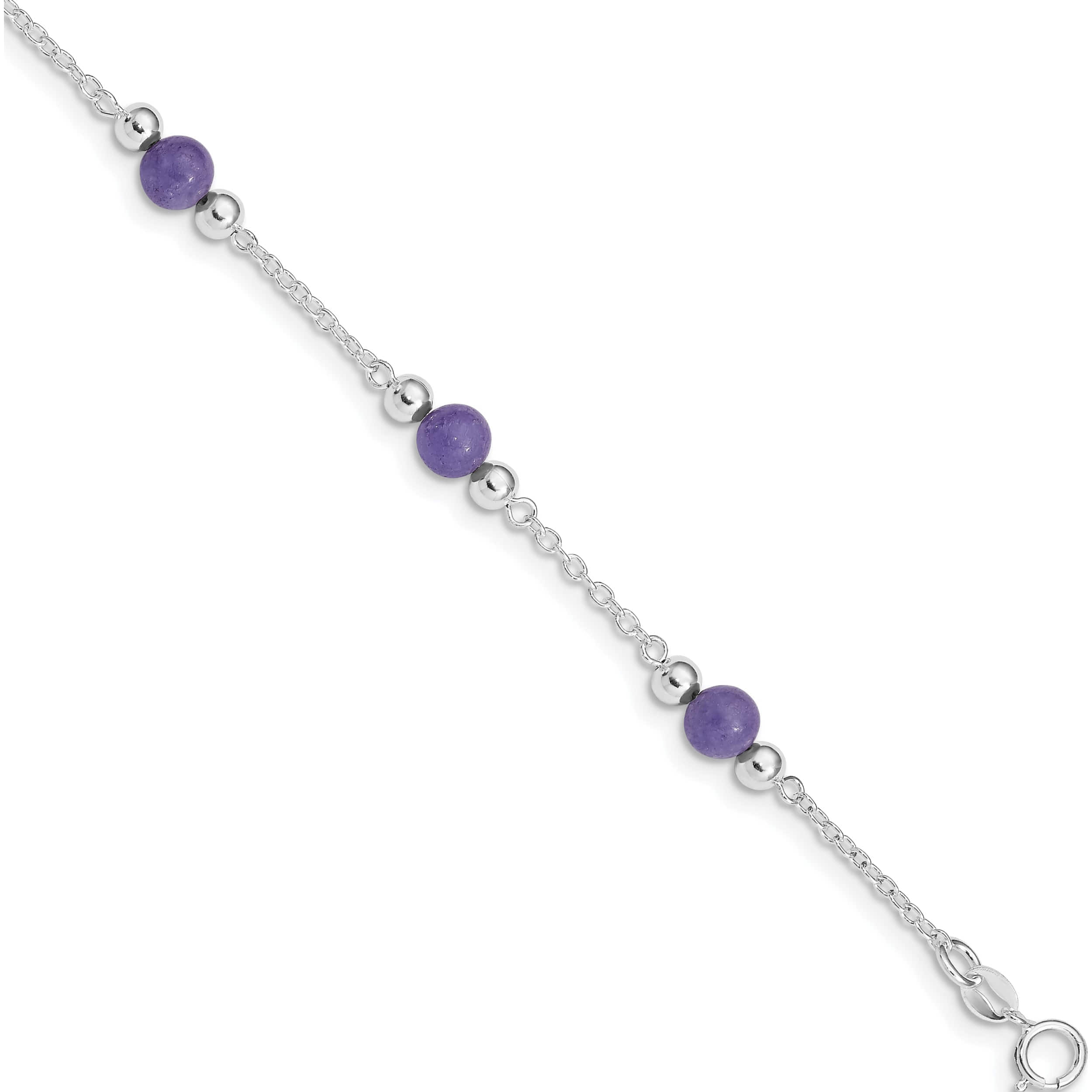 Sterling Silver Rhodium-Plated 9Inch Polished Lavender Jade Anklet Made In Thailand qg1232-9