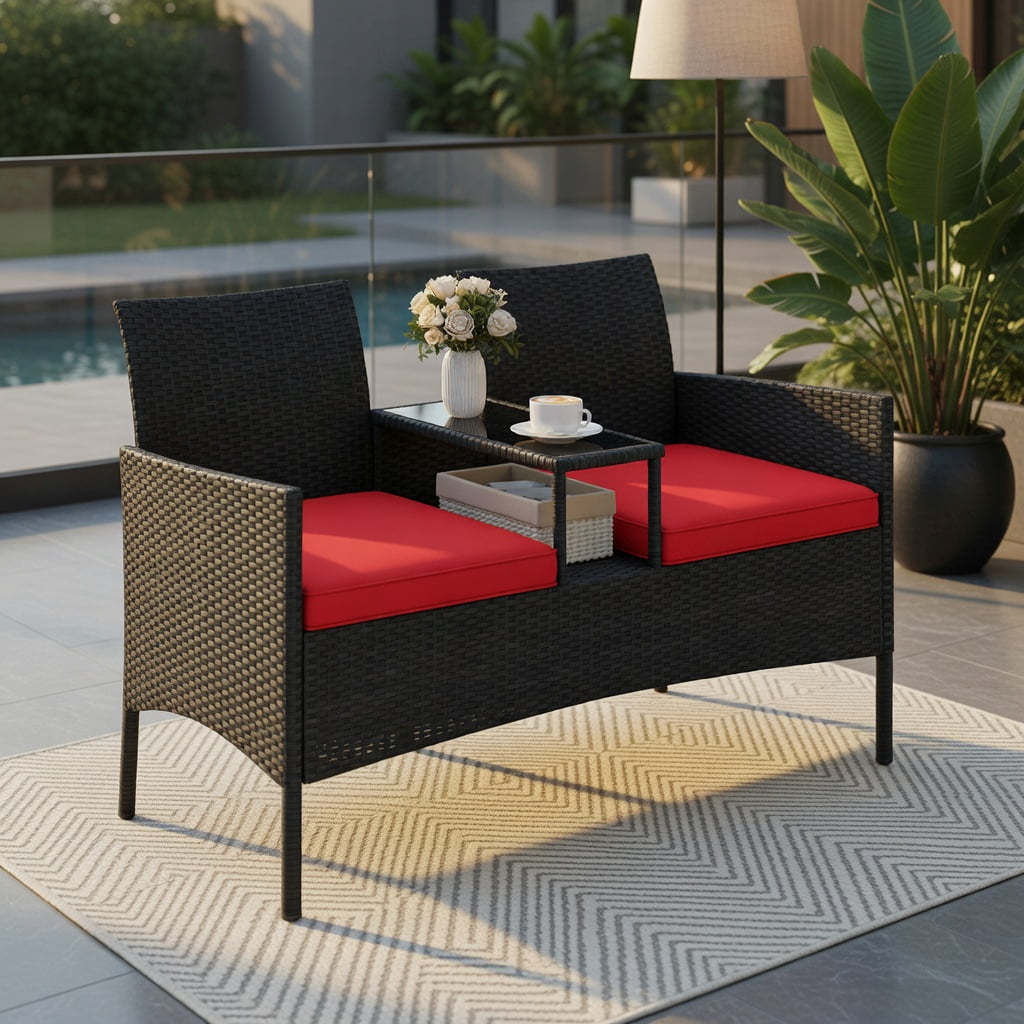 Hommoo Outdoor Wicker Loveseat with Built-in Tempered Glass Tables, Black PE Rattan, Heavy-Duty Metal Frame for Backyard, Porch & Poolside, Red