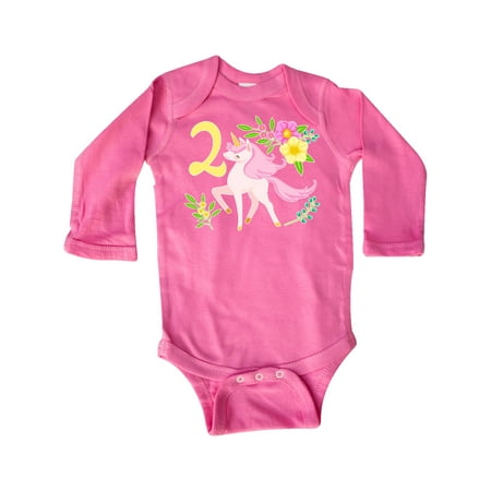 

Inktastic Second Birthday Pink Unicorn with Flowers Gift Baby Boy or Baby Girl Long Sleeve Bodysuit