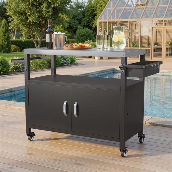 Opohoro Outdoor Grill Cart with Storage Cabinet, Stainless Steel BBQ Prep Table on Wheels for Patio
