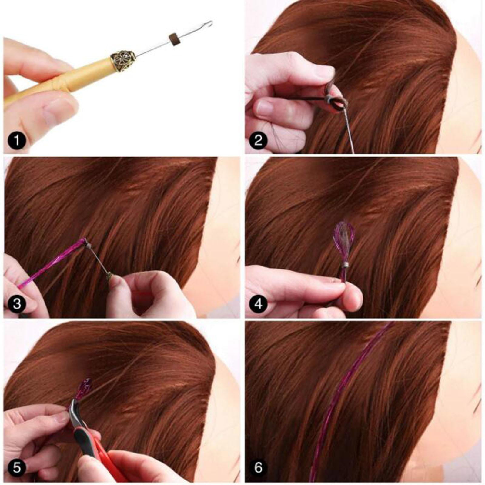Hair Bun extension Tinsel Kits 200Pcs Rings Beads for Styling Women 120cm