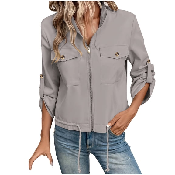 UYISJ Womens Casual Jackets Cropped Long Sleeve Zip Up Lightweight Coat Lapel Collar Solid Color Tops with Pockets Gray S