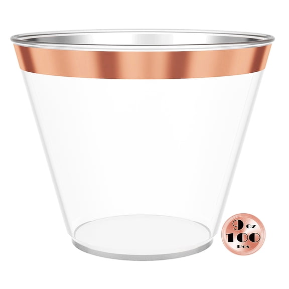 JL Prime 100 Rose Gold Plastic Cups, 9 Oz Heavy Duty Reusable Disposable Rose Gold Rim Clear Plastic Cups, Old Fashioned Tumblers, Hard Plastic Drinking Cups for Party and Wedding