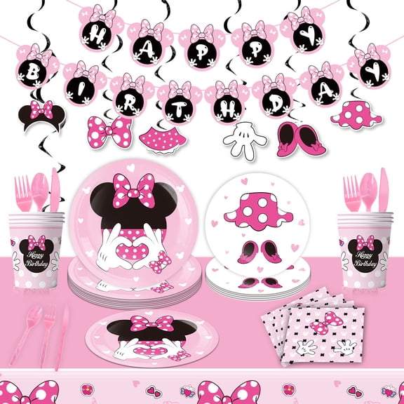 Minnie birthday Party Supplies Kit - for Mickey Birthday Decorations, Includes Dinner & Dessert Plates, Napkins, Cups, Banner and Tablecloth