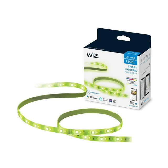 WiZ Full Color & Tunable White 2m Smart LED lightstrip starter kit with box highlighting 16 million colors, warm to cool white range, and voice assistant compatibility.