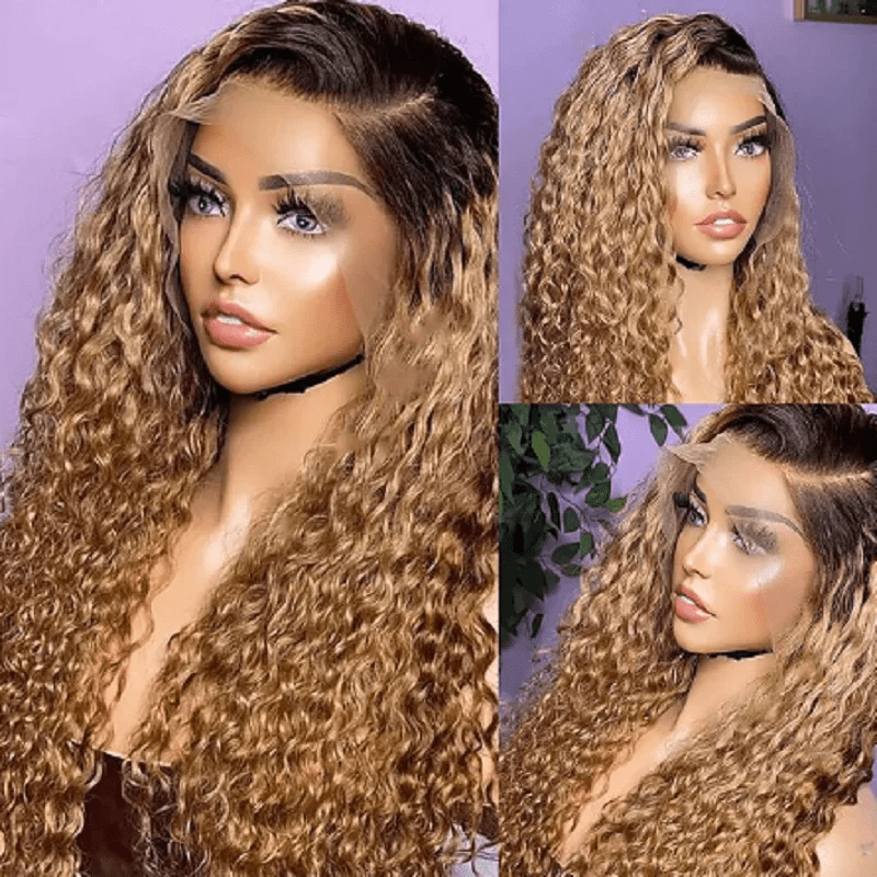Soft 26 Inch Ombre Brown Blonde Kinky Curly Synthetic Glueless  Hair 180%Density|Lace Front Wig | Preplucked Baby Hair & Heat Resistant | Daily Wig for Women)