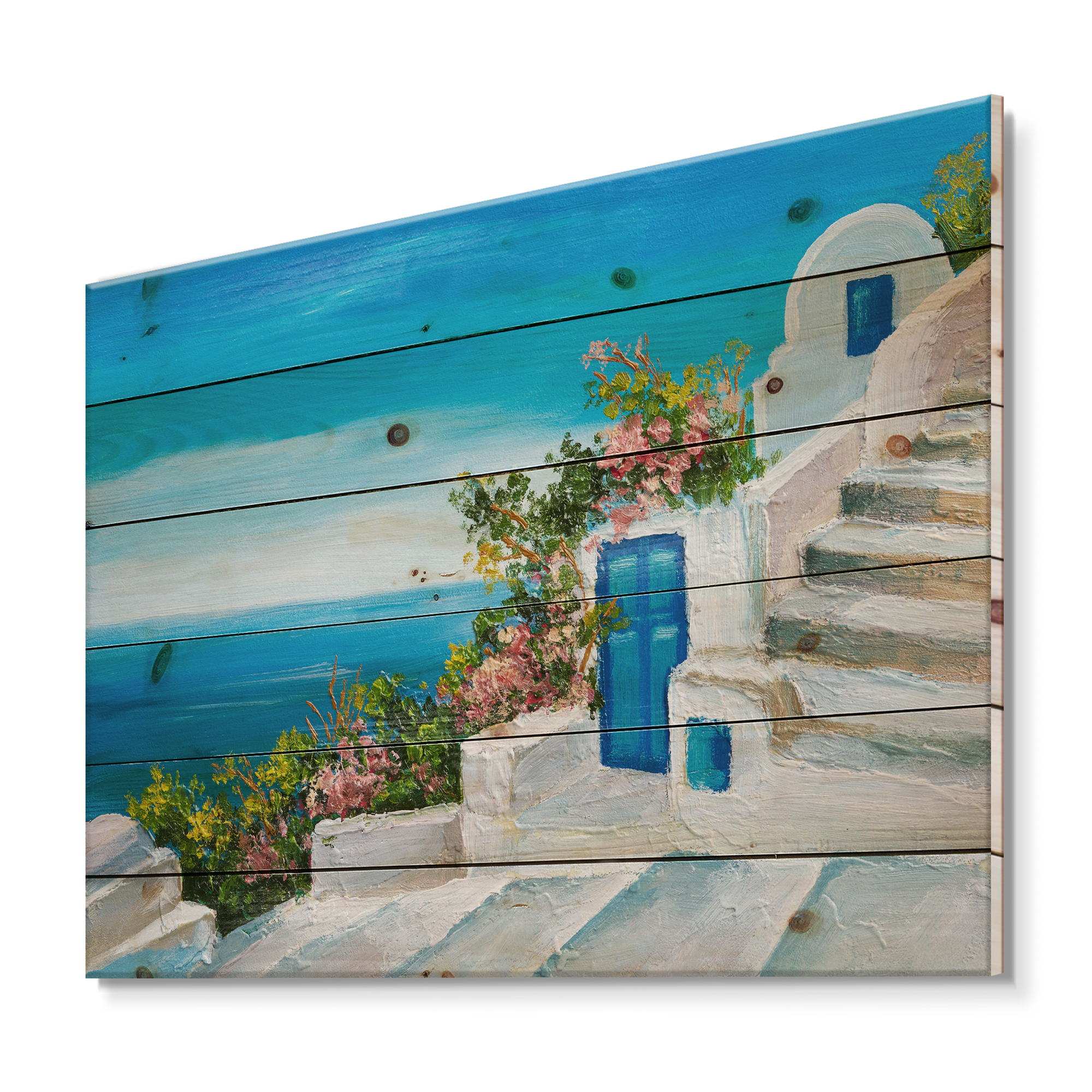 Designart 'House With Colorful Flowers Near The Sea IV' Nautical & Coastal Print on Natural Pine Wood