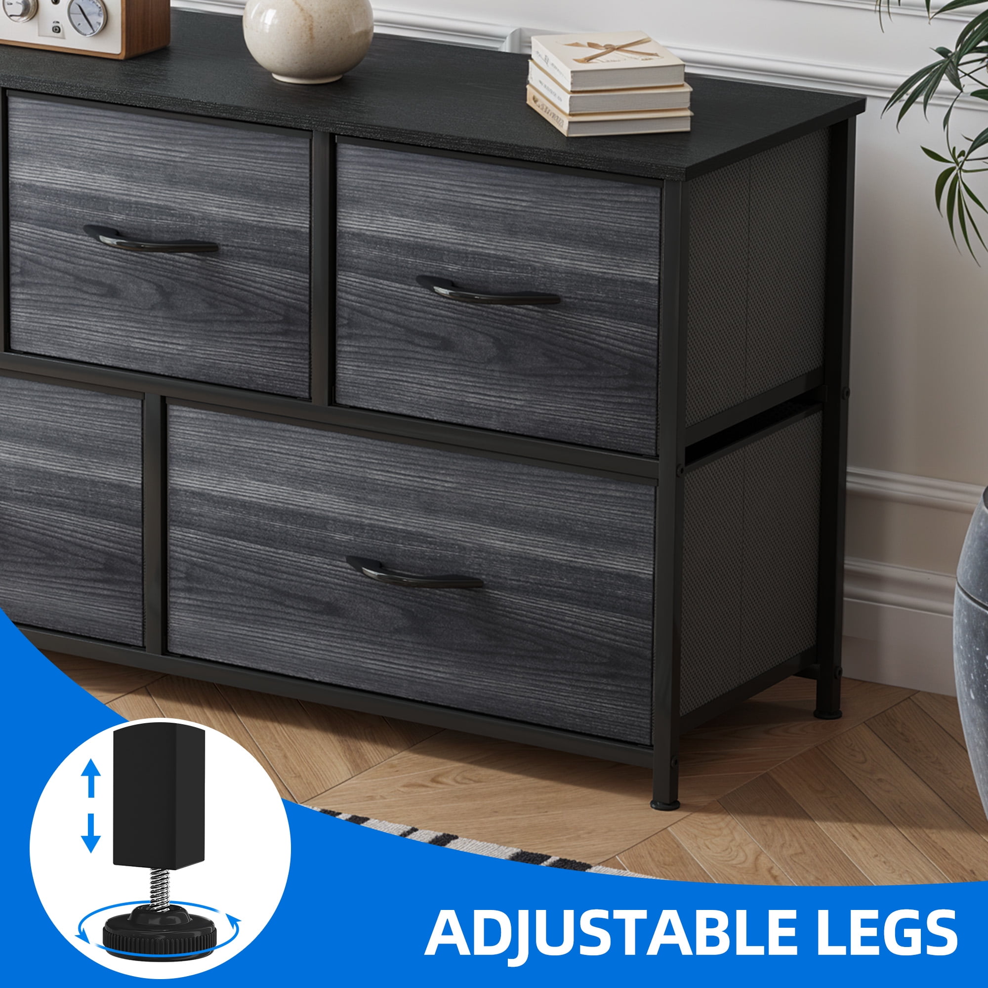 Uforic 5-Drawer Fabric Dresser for Adults & Teens, Storage Tower with Steel Frame & Wood Top, Black