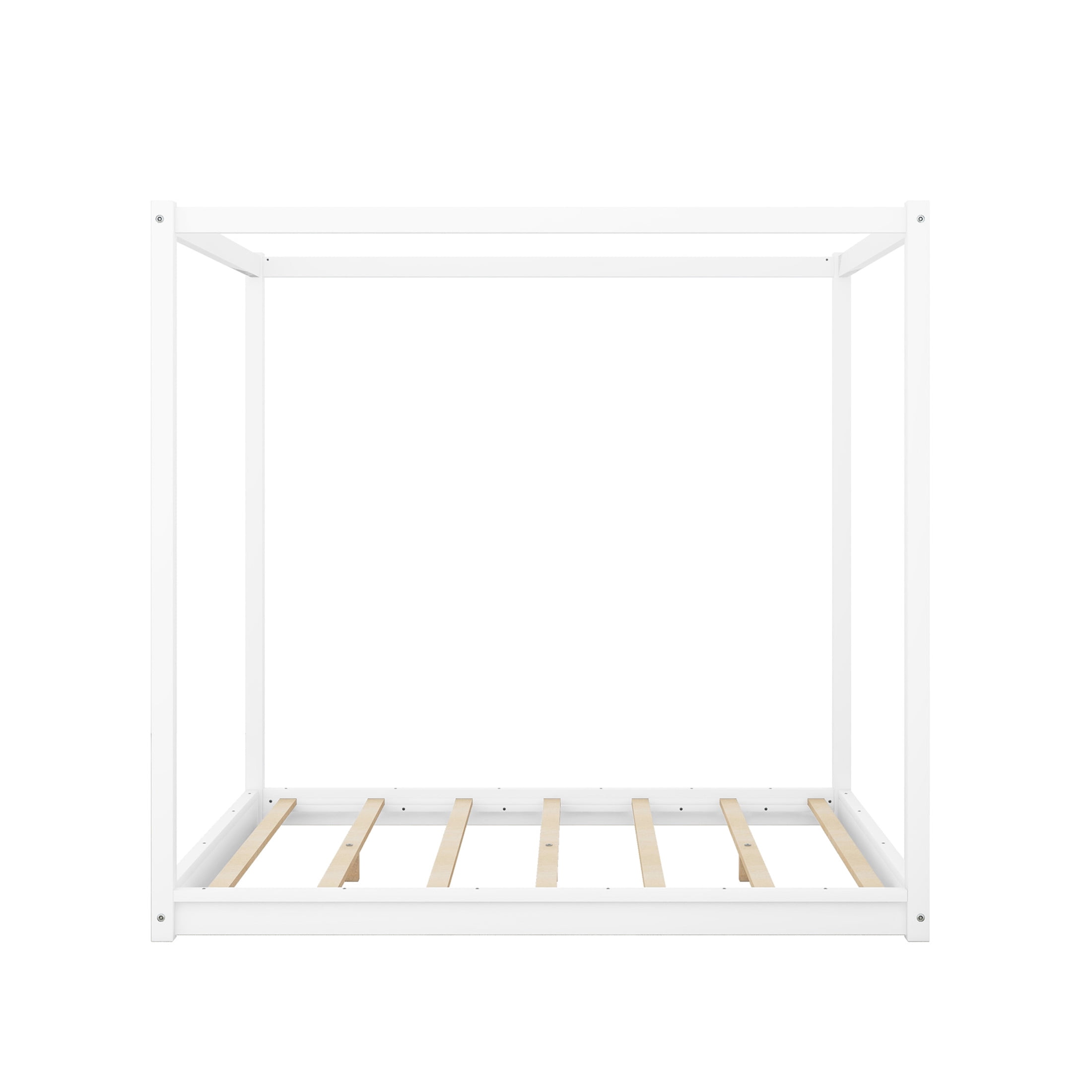 Noble House Queen Erika Canopy Platform Bed, Modern Minimalist Wood Frame with Slat Support, Support Legs, White