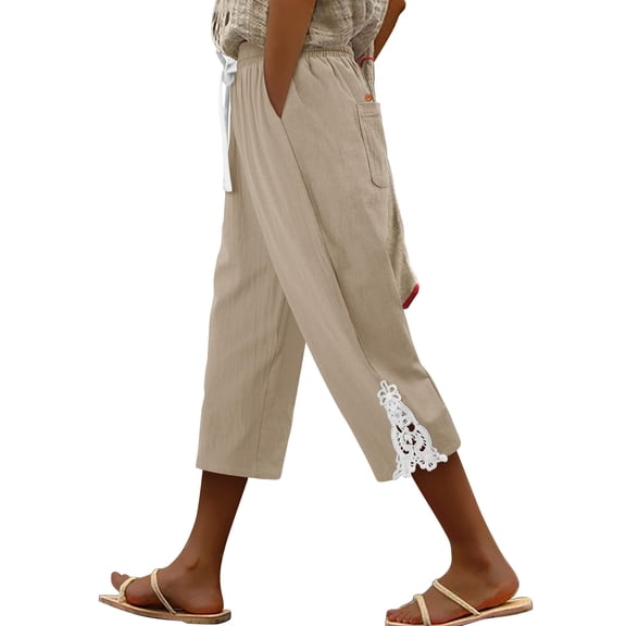Lumtrix Womens Capri Pants Casual Cotton Linen Casual Summer Trousers Lightweight Drawstring Elastic Waist Pants With Pockets Khaki S