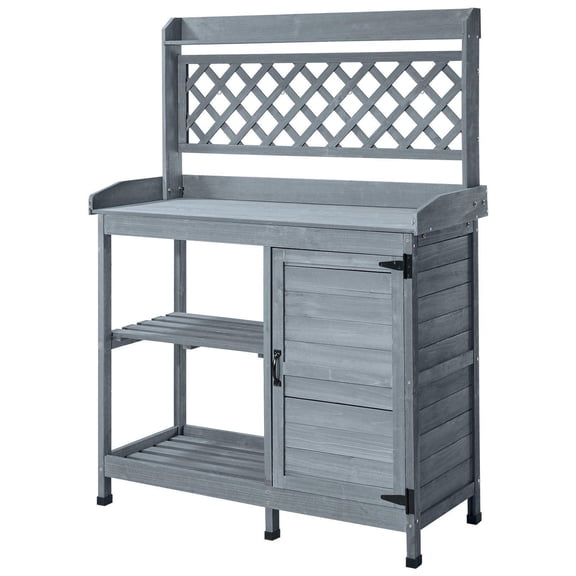 Potting Bench Table Outdoor Wooden Gardening Workstation with Storage Cabinet Shelves 43 x 18 Inch Gray Tabletop for Patio Backyard Balcony
