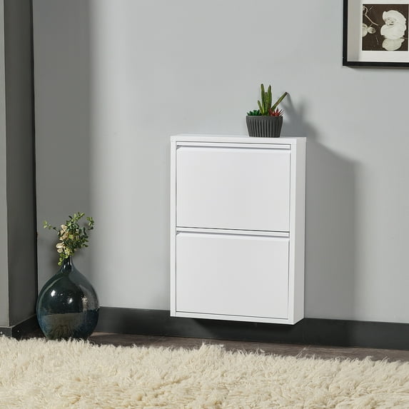 Flip Drawer Shoe Cabinet, Storage Organizer, Freestanding Shoe Rack, Wall Mounted No-Assembly (White, 2 Drawer)