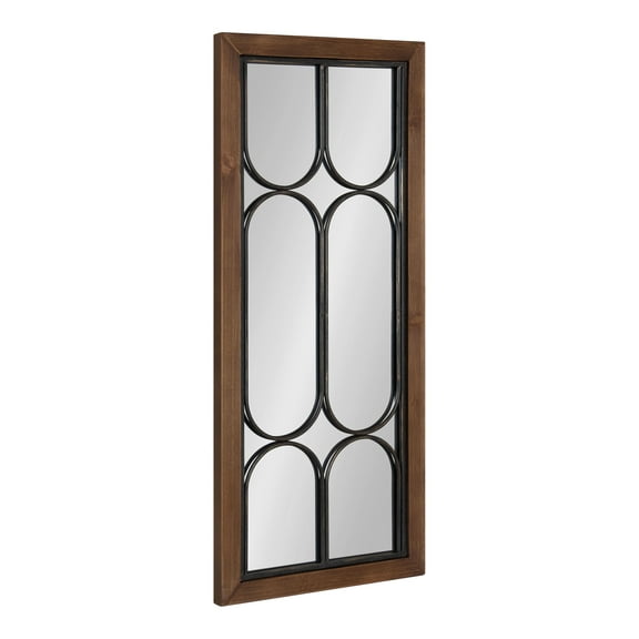 Kate and Laurel Spechett Windowpane Rectangle Wall Mirror, 13 x 30, Walnut Brown, Framed Decorative Rectangular Mirror with Natural Geometric Iron Overlay and Tall Frame