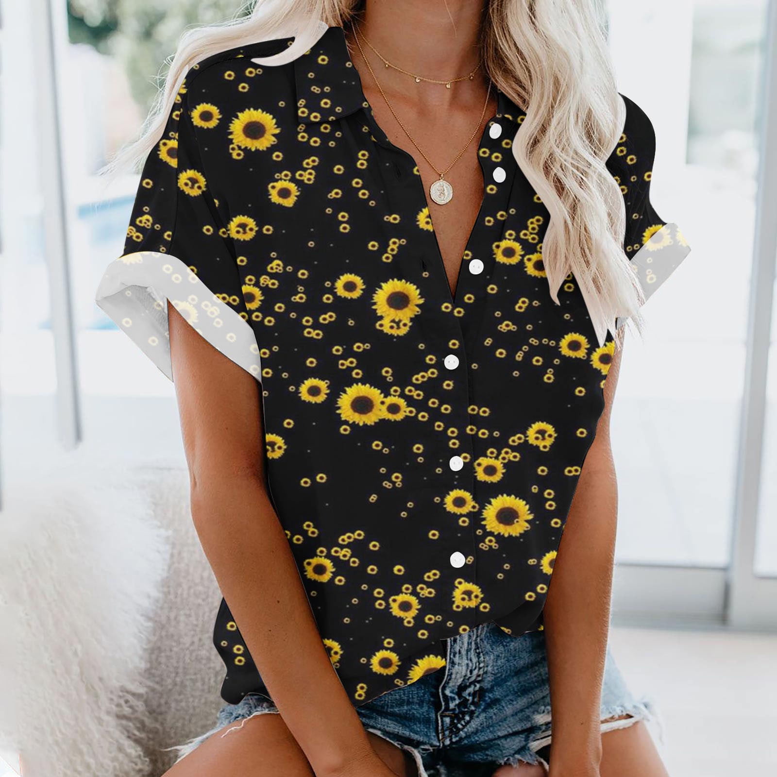 CZHJS Women's Short Sleeve Elegant Blouse Clearance Fashion 2023 Spring Tops  Ladies Flora Printing Summer Vintage Shirts Button Down Collared Neck  Relaxed Fit Leisure Tunic Yellow L 