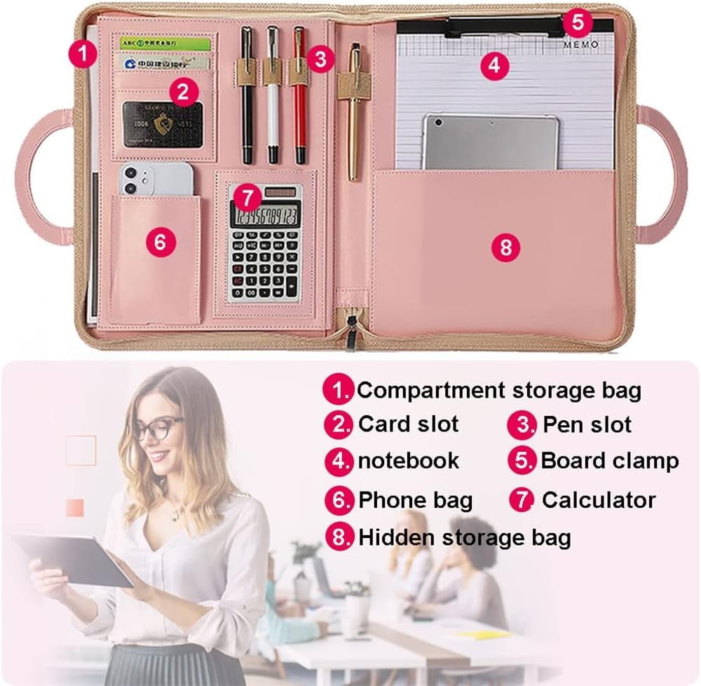 RKXQT A4 Portfolio Folder with Handles Women Business Briefcase Pu Leather Document Case Notebook Organizer Binder File Bags (Color : Red) (Red)