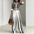 thumbnail image 2 of Morttic Women's Elegant Business Striped 2-Piece Outfit – Long Sleeve Lapel Button Front Shirt & High Waist Wide Leg Pants Black，S, 2 of 6