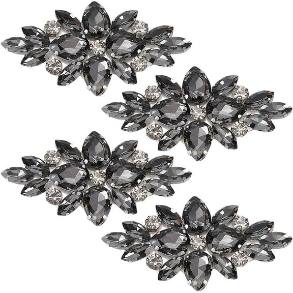 4 PCS Flower Glass Rhinestone Applique Patches Iron on Black Rhinestone Patches Wedding Bridal Decorative Patch Floral Beaded Applique Patches for DIY Crafts Clothes Costume Decoration Black
