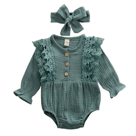

Qiylii Baby Girl Ruffle Sleeve O-Neck Romper Jumpsuit+Headband 0-24M