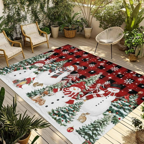 Fsddascl Red Plaid Christmas Outdoor Rug for Patio/Deck/Porch, Non-Slip Large Area Rug 5 x 8 Ft, Xmas Snowman Tree Snowflake Winter Indoor Outdoor Rugs Washable Area Rugs, Camping Rug Carpet Runner