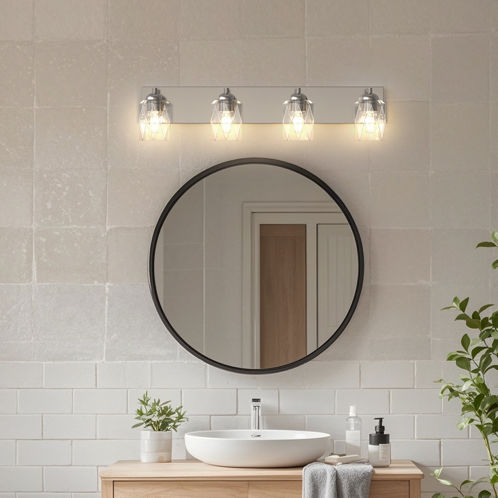 YANSUN 27.2 in 4-Light Nickel Modern Vanity Light, Unique Cylinder Glass Shade Bathroom Mirror Wall Fixture, Vanity Lights for Hallway Living Room Bedroom