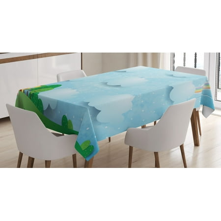 

Fairy Tale Tablecloth Hanging Clouds and Rainbow on Polka Dotted Background with Houses and Trees Rectangular Table Cover for Dining Room Kitchen 60 X 90 Inches Multicolor by Ambesonne