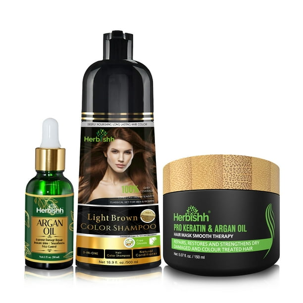 Herbishh After Color Shampoo Combo Contains Hair Color Shampoo Hair Dye 500ml Argan Oil 30ml Pro Keratin And Argan Hair Mask, Hair Straightening, Shine And Protection For Men And Women (Light Brown)