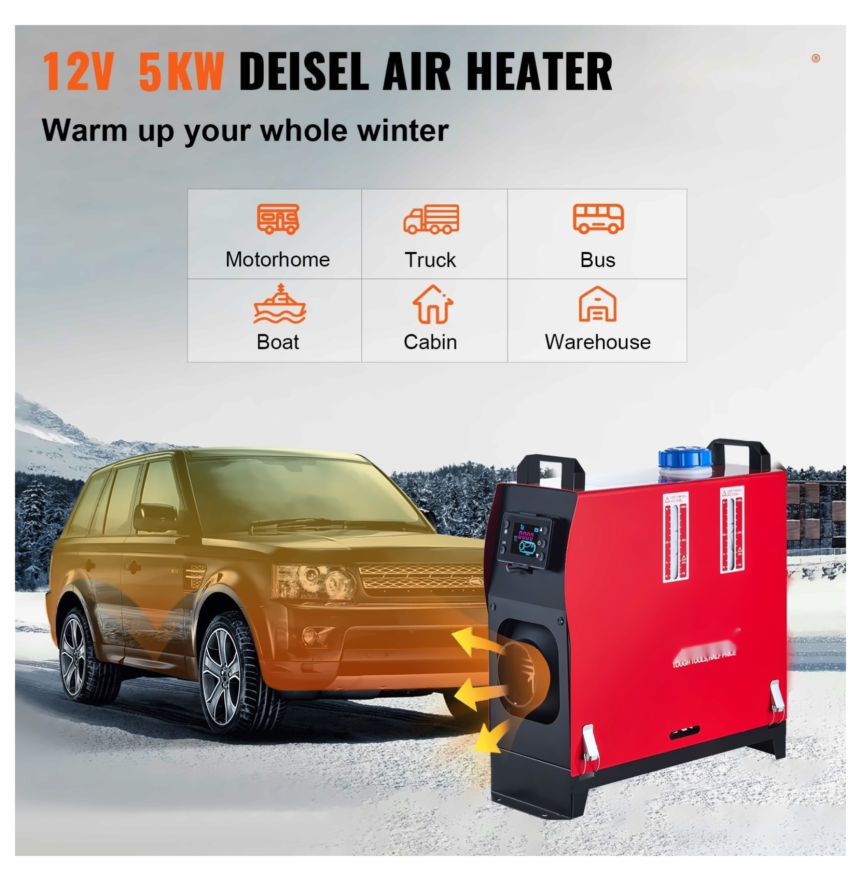 5KW 12V Diesel Air Heater All-in-One Parking Heater with Remote & LCD, for RV, Boat, Truck, Trailer, Bus - Fast Heating, Low Noise