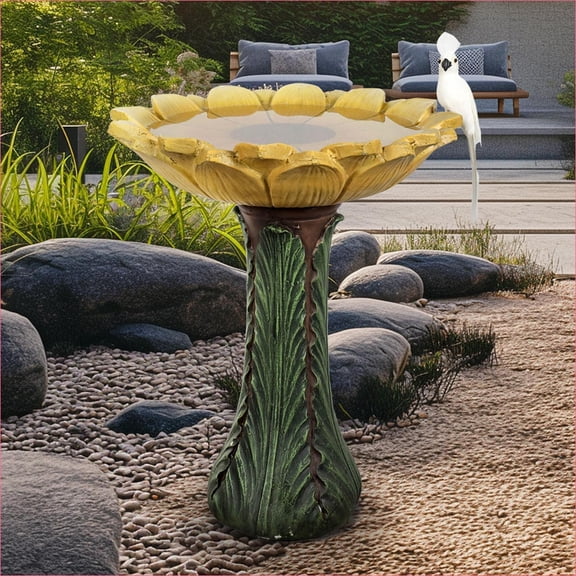 Bird Baths | 24.4" Tall Outdoor Weather Resistant Mustard Yellow Sunflower Bird Bath for Garden Patio | Yellow; Green | Concrete Cement