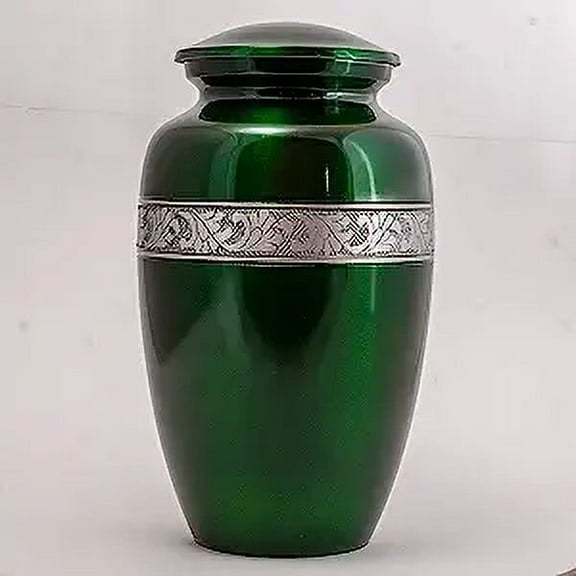 Silver Engraved Aluminium Cremation Urn for Human Ashes Adult - Handcrafted Funeral Memorial Ash Storage Urn - BAG INCLUDED (Green, 6.5" x 6.5" x 10.5" - 200lbs or 91kg)