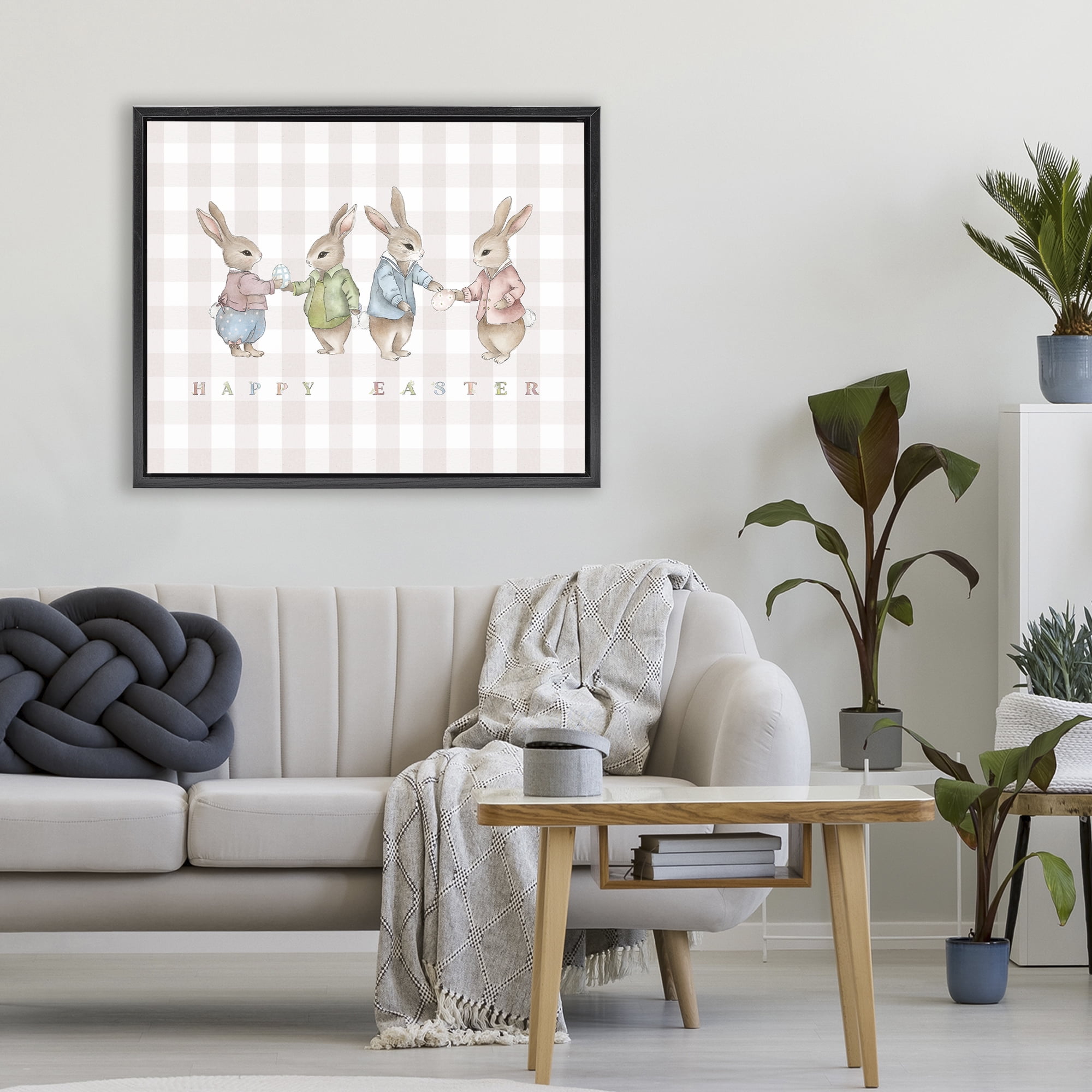 Stupell Industries Easter Bunnies Pink Gingham Black Framed Floater Canvas Wall Art, design by Leah Straatsma
