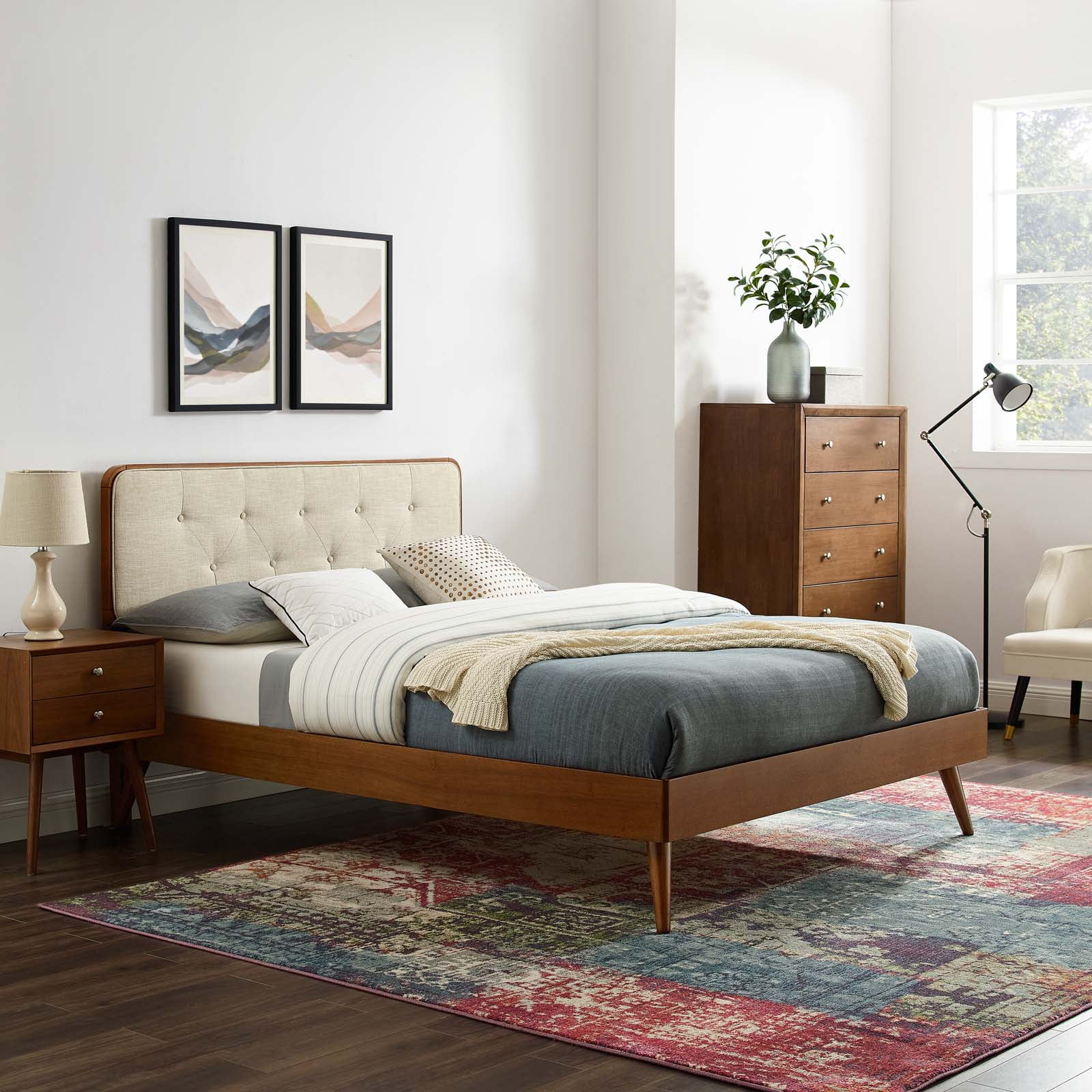 Platform Bed Frame, King Size, Wood, Brown Walnut Beige, Modern Contemporary Urban Design, Bedroom Master Guest Suite