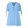 thumbnail image 6 of LNWUY Women's Summer Linen Dress Laceup V Neck Loose Short Sleeve A-Line Vacation Solid Color Casual Mini Dresses Blue XL, 6 of 7